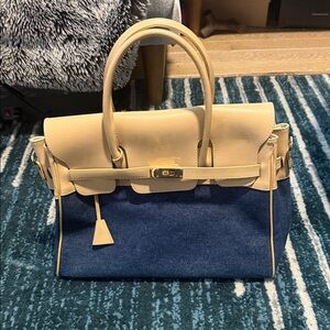 Elegant Tan Leather and Denim Women's Handbag